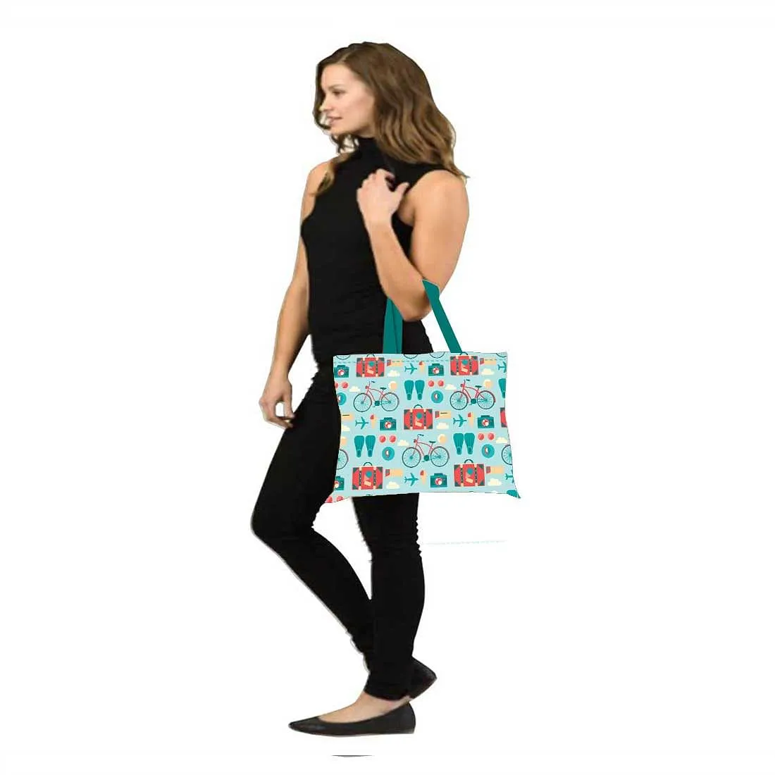 Designer Tote Bag With Zip Beach Gym Travel Bags -  Doodle Art Blue