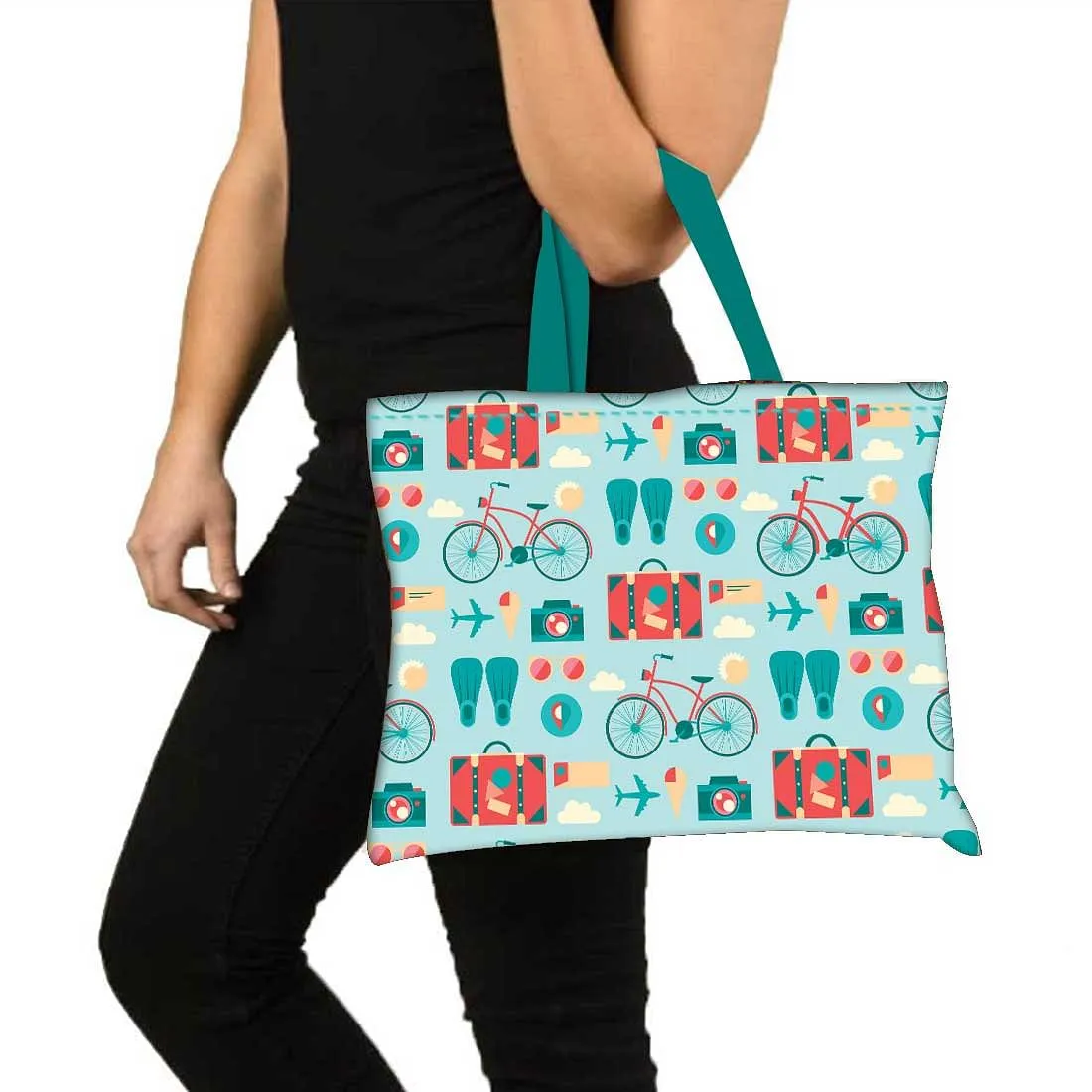 Designer Tote Bag With Zip Beach Gym Travel Bags -  Doodle Art Blue