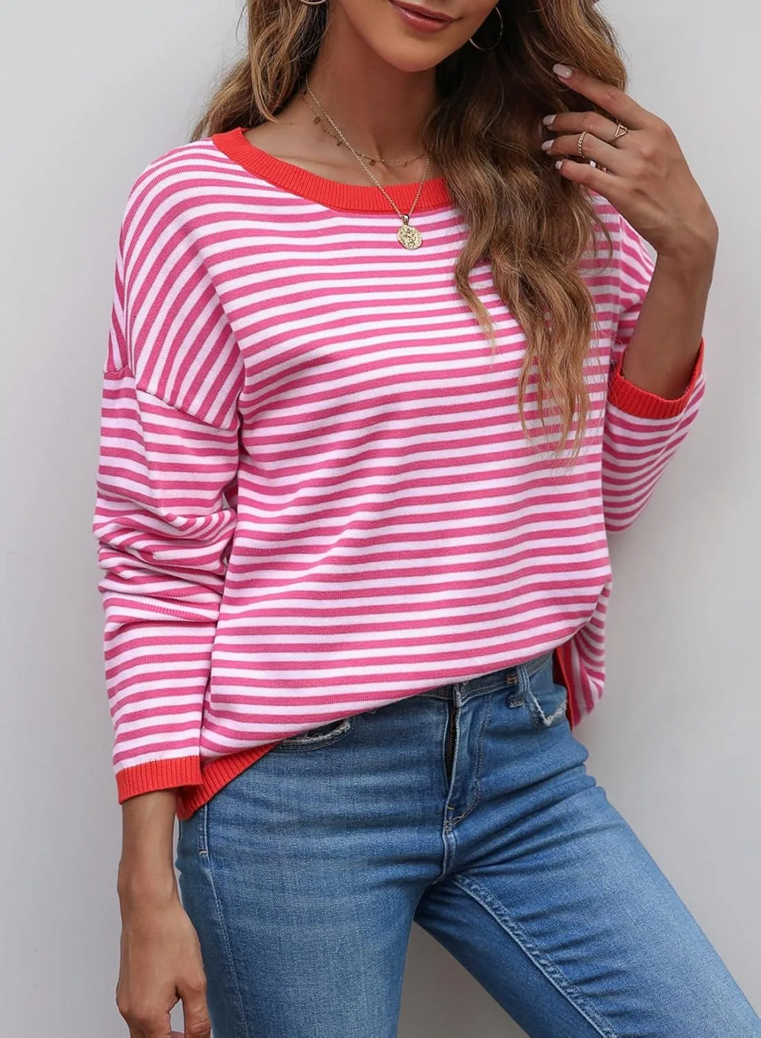 Dokotoo Long Sleeve Shirts for Women Casual Spring Crewneck Striped Color Block Shirt High Low Pullover Sweater Tops