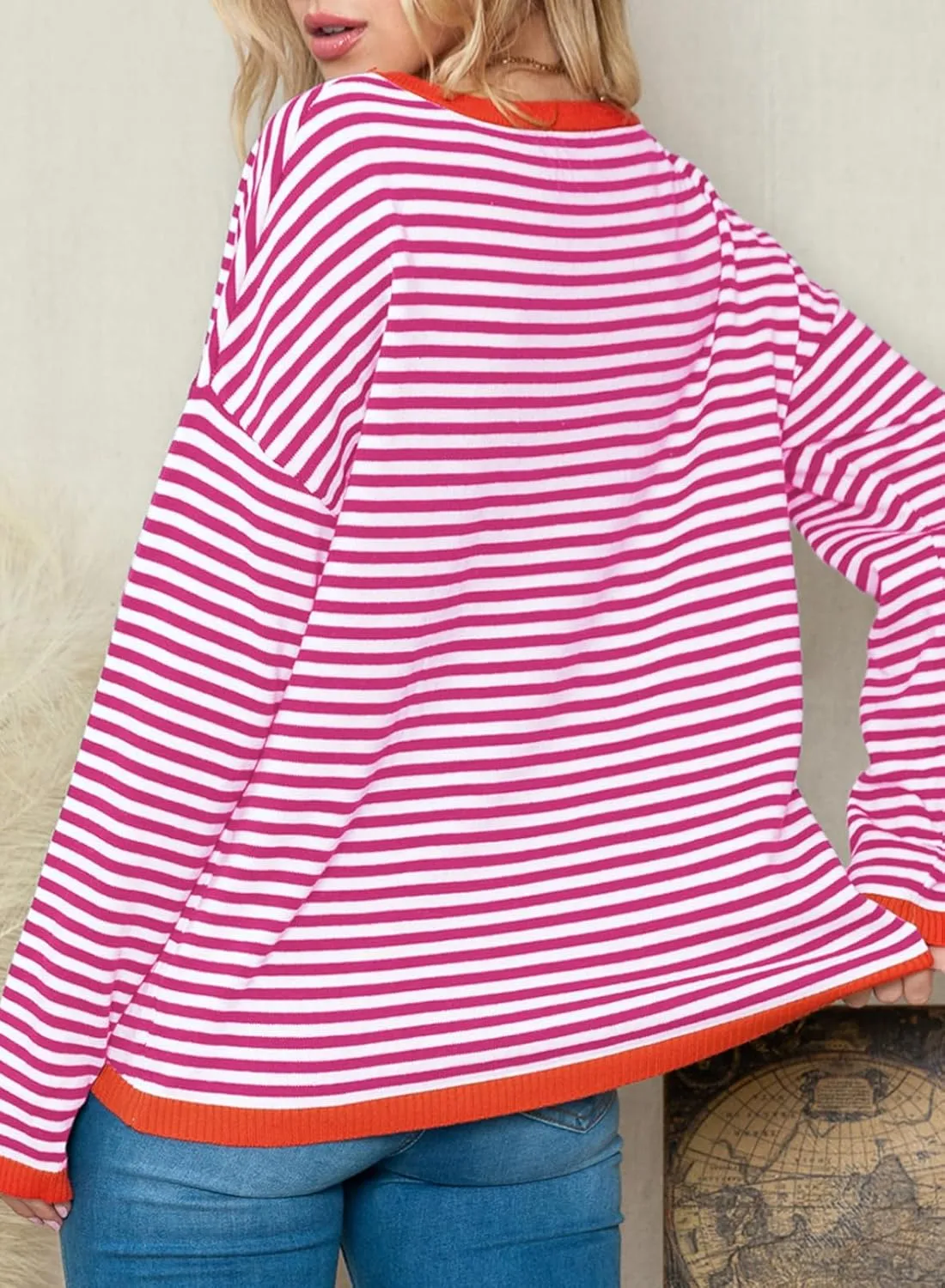 Dokotoo Long Sleeve Shirts for Women Casual Spring Crewneck Striped Color Block Shirt High Low Pullover Sweater Tops