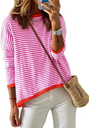 Dokotoo Long Sleeve Shirts for Women Casual Spring Crewneck Striped Color Block Shirt High Low Pullover Sweater Tops