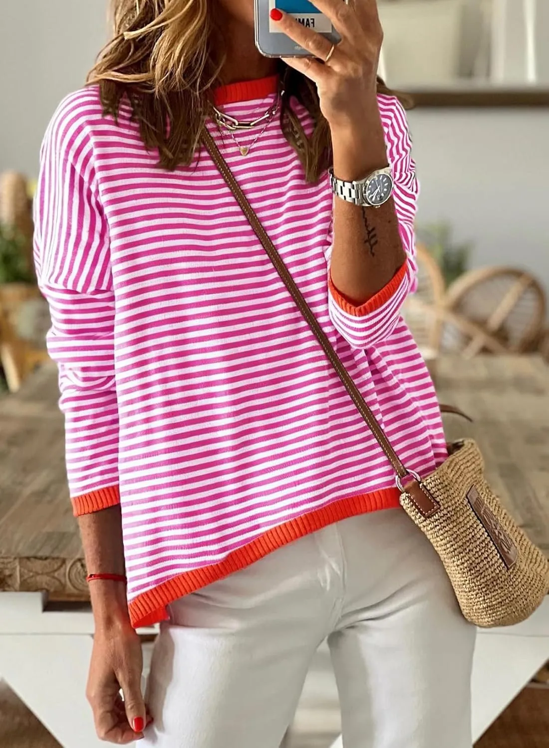 Dokotoo Long Sleeve Shirts for Women Casual Spring Crewneck Striped Color Block Shirt High Low Pullover Sweater Tops