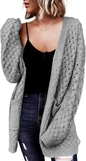 Dokotoo Women's 2024 Fashion Casual Open Front Long Sleeve Chunky Cable Knit Cardigans Sweaters Outerwear Coats with Pockets