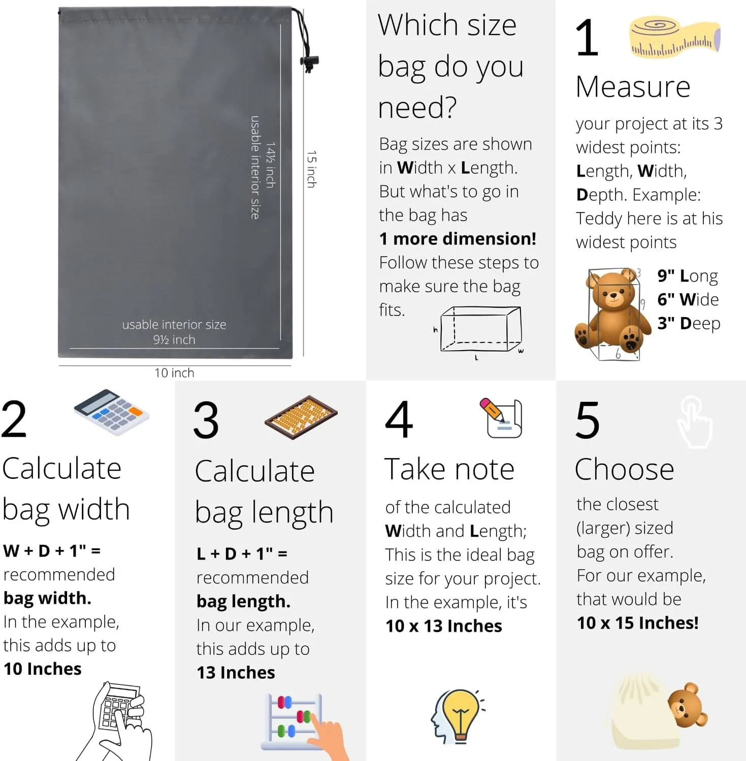 Drawstring Bag with Toggle - Nylon Cinch and Ditty Pouch (Gray, 10 x 15 Inch)
