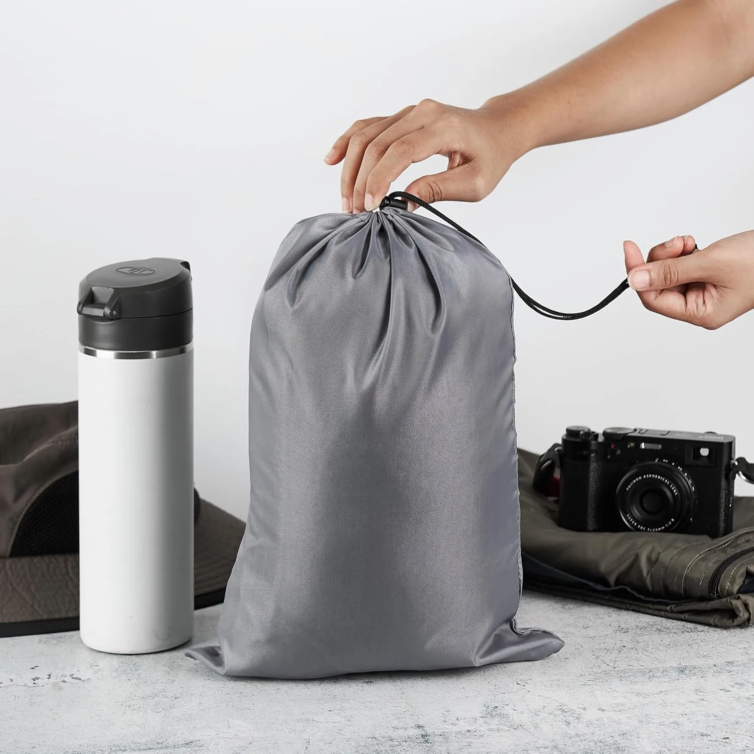 Drawstring Bag with Toggle - Nylon Cinch and Ditty Pouch (Gray, 10 x 15 Inch)