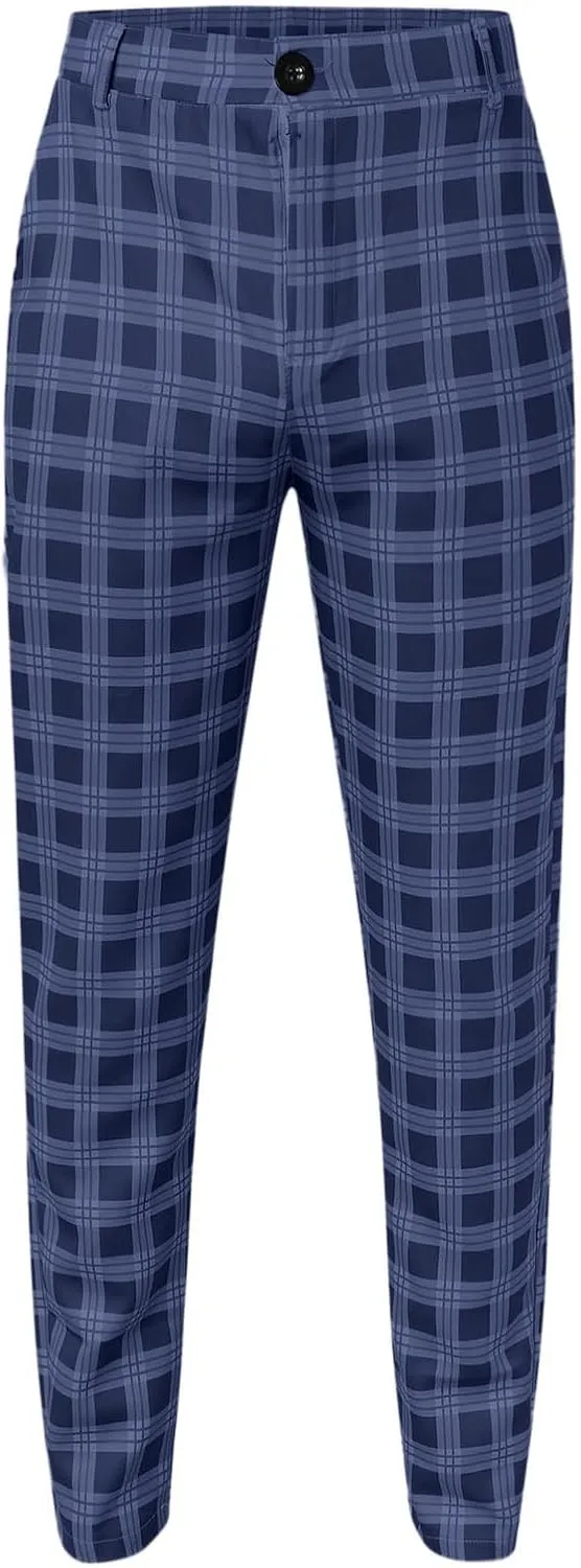 Dress Pants for Men Casual Slim Flat Front Plaid Business Work Pencil Trousers Stretch Golf Chino Pants with Pockets