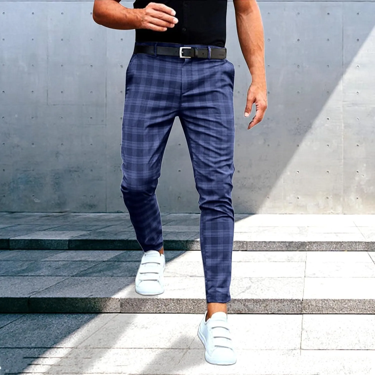 Dress Pants for Men Casual Slim Flat Front Plaid Business Work Pencil Trousers Stretch Golf Chino Pants with Pockets