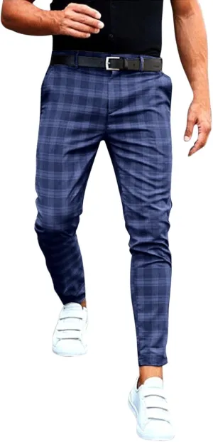 Dress Pants for Men Casual Slim Flat Front Plaid Business Work Pencil Trousers Stretch Golf Chino Pants with Pockets