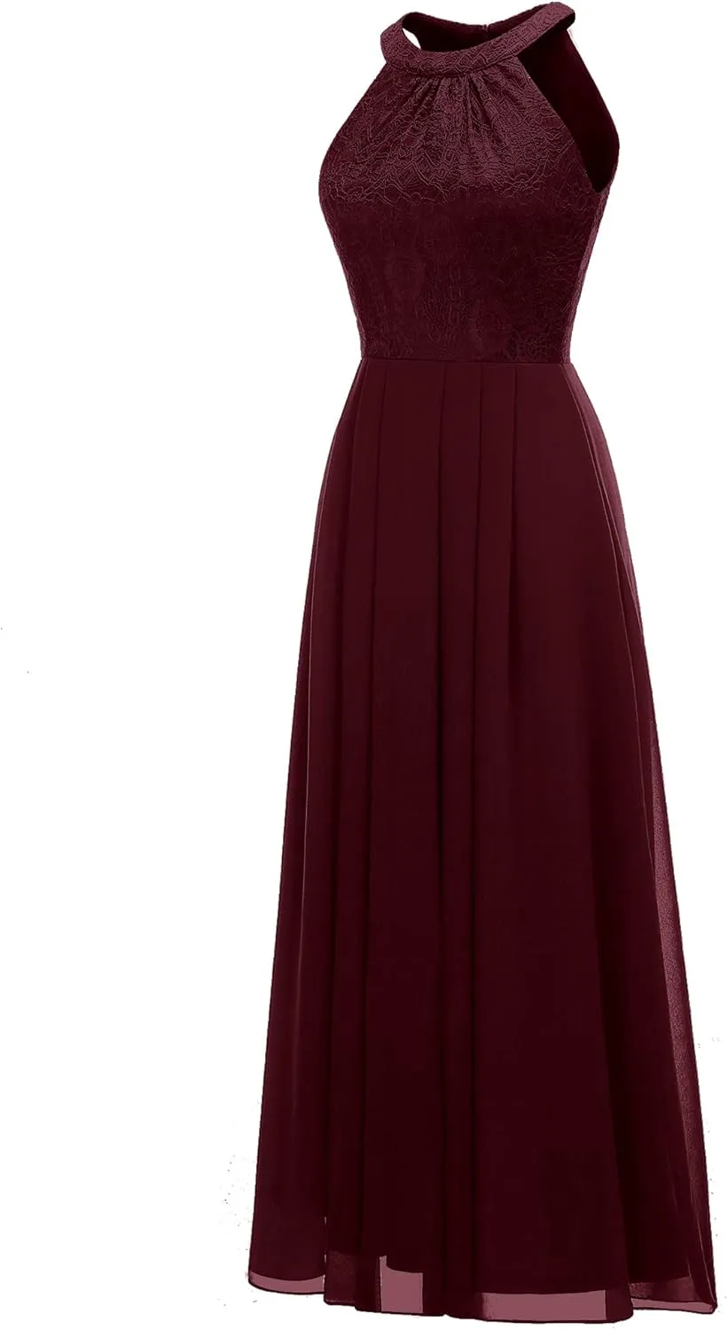Dressystar Women's Spring Long Formal Dress Wedding Guest Dress 2024 Halter Lace Dress Bridesmaid Cocktail Party Prom Gown