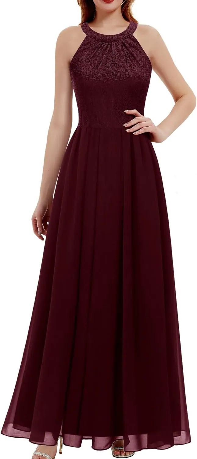 Dressystar Women's Spring Long Formal Dress Wedding Guest Dress 2024 Halter Lace Dress Bridesmaid Cocktail Party Prom Gown