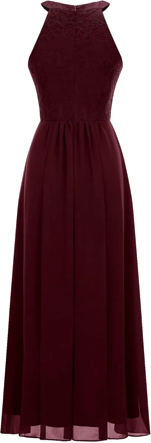 Dressystar Women's Spring Long Formal Dress Wedding Guest Dress 2024 Halter Lace Dress Bridesmaid Cocktail Party Prom Gown