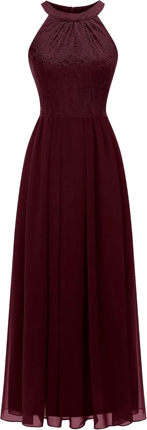 Dressystar Women's Spring Long Formal Dress Wedding Guest Dress 2024 Halter Lace Dress Bridesmaid Cocktail Party Prom Gown
