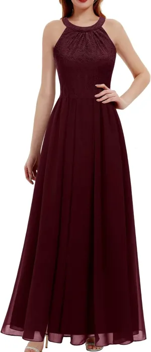 Dressystar Women's Spring Long Formal Dress Wedding Guest Dress 2024 Halter Lace Dress Bridesmaid Cocktail Party Prom Gown