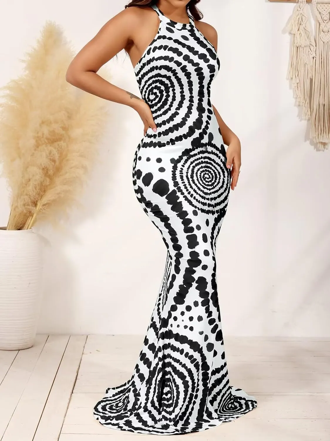 EDITCOZY Women Sexy Bodycon Maxi Dress Tie Dye Beach Summer Dresses Halter Backless Vacation Long Sundress