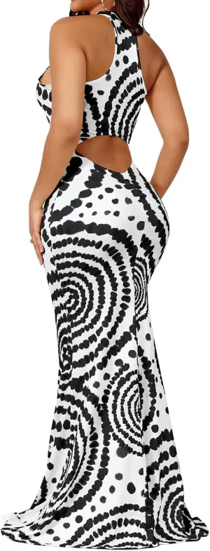 EDITCOZY Women Sexy Bodycon Maxi Dress Tie Dye Beach Summer Dresses Halter Backless Vacation Long Sundress