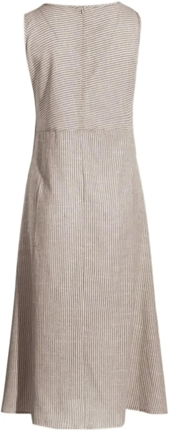 Eduavar Summer Dresses for Women, Linen Dresses for Women 2024 Striped Print Sleeveless Crew Neck Long Dress with Pockets