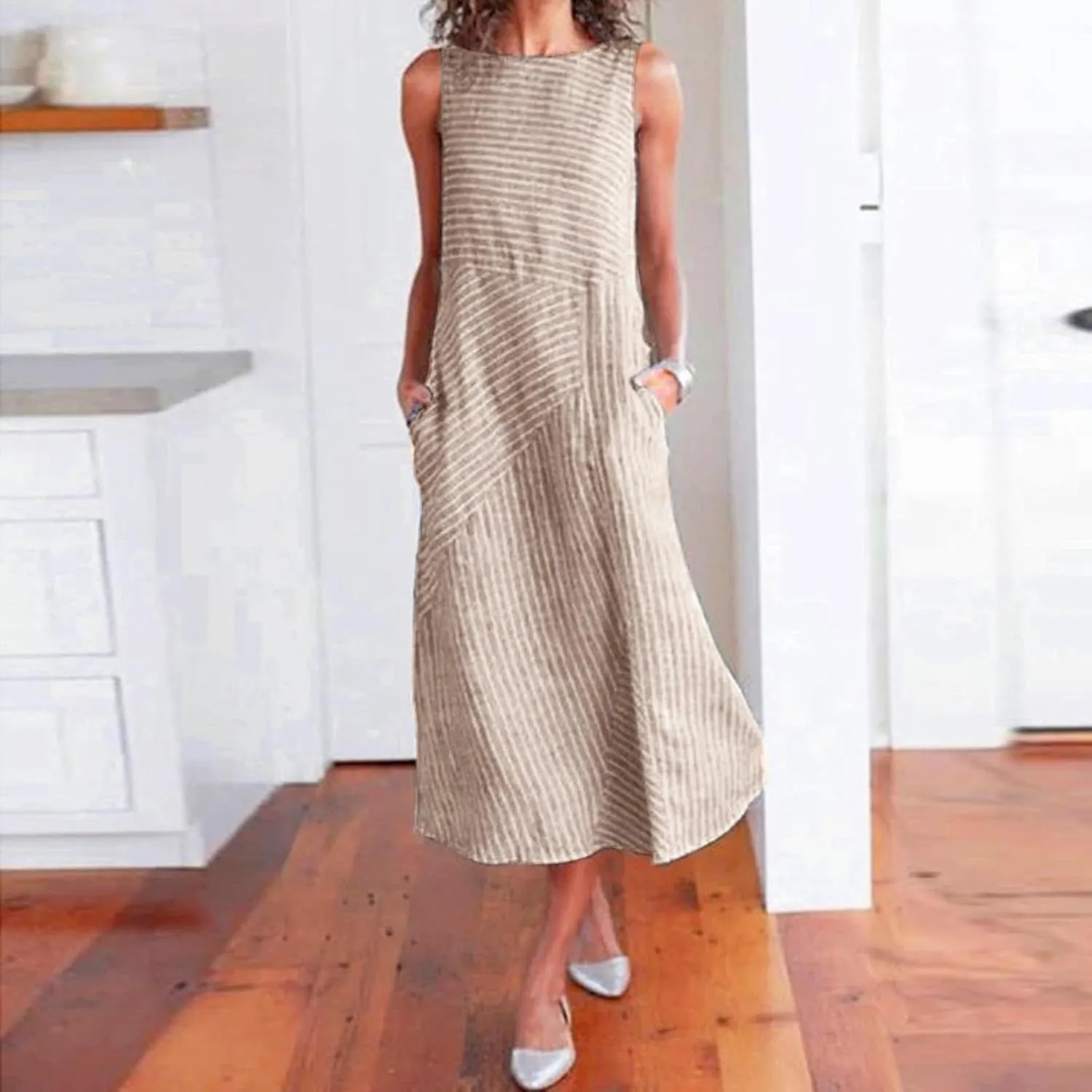 Eduavar Summer Dresses for Women, Linen Dresses for Women 2024 Striped Print Sleeveless Crew Neck Long Dress with Pockets