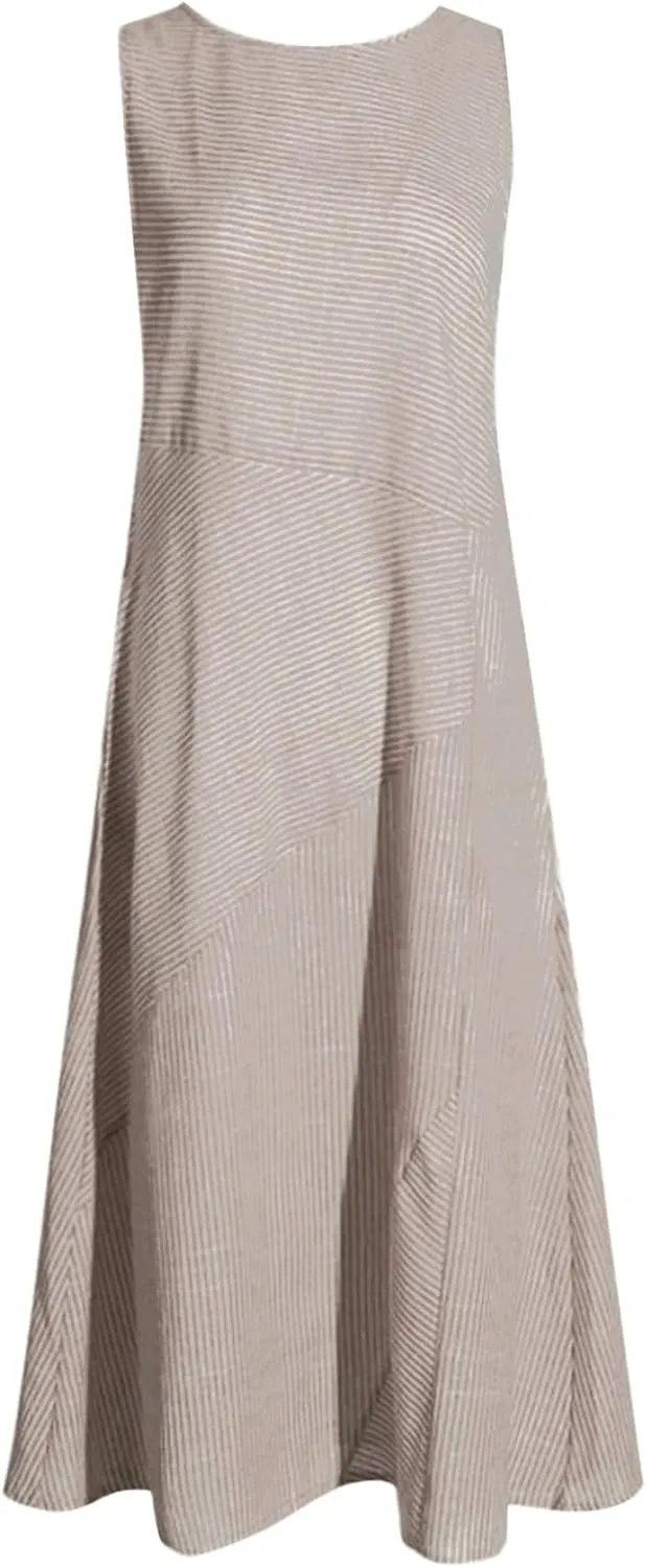 Eduavar Summer Dresses for Women, Linen Dresses for Women 2024 Striped Print Sleeveless Crew Neck Long Dress with Pockets