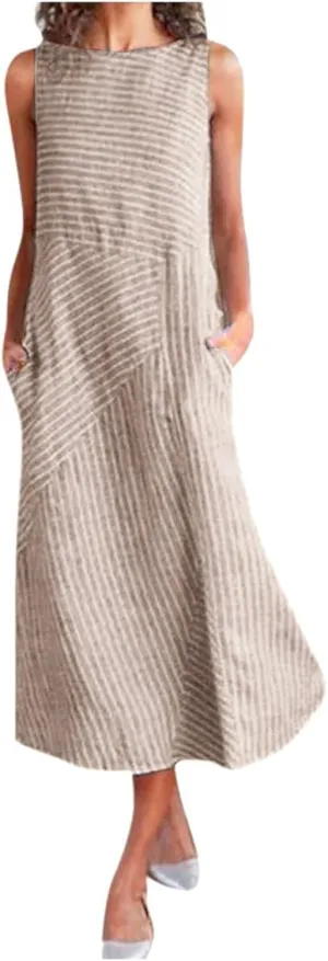 Eduavar Summer Dresses for Women, Linen Dresses for Women 2024 Striped Print Sleeveless Crew Neck Long Dress with Pockets