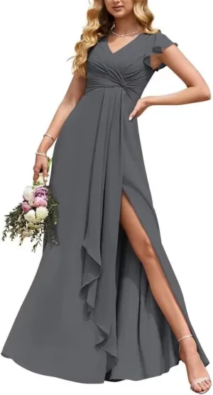 EEFZL Ruffled Sleeve Bridesmaid Dresses for Juniors Chiffon Pleated V Neck Wedding Guest Evening Gowns with Slit