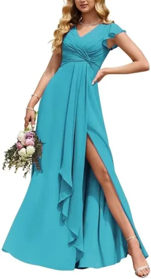 EEFZL Ruffled Sleeve Bridesmaid Dresses for Juniors Chiffon Pleated V Neck Wedding Guest Evening Gowns with Slit
