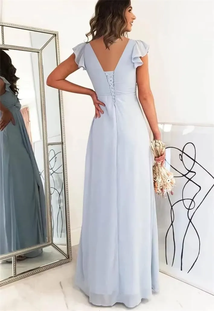 EEFZL Ruffled Sleeve Bridesmaid Dresses for Juniors Chiffon Pleated V Neck Wedding Guest Evening Gowns with Slit