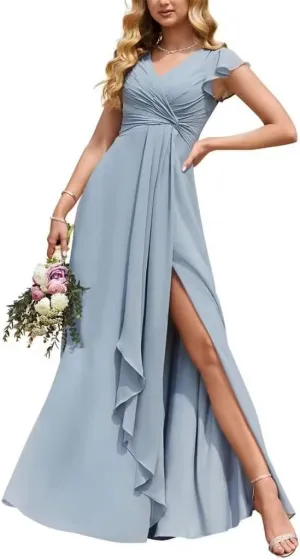 EEFZL Ruffled Sleeve Bridesmaid Dresses for Juniors Chiffon Pleated V Neck Wedding Guest Evening Gowns with Slit