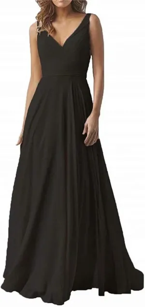 EEFZL Women's Double V Neck Bridesmaid Dress Long Chiffon Prom Evening Juniors Graduation Gowns