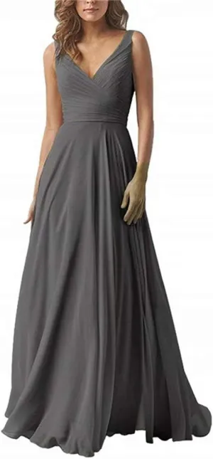 EEFZL Women's Double V Neck Bridesmaid Dress Long Chiffon Prom Evening Juniors Graduation Gowns