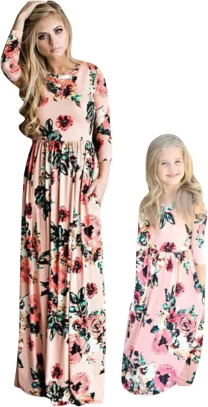 EFOFEI Mommy and Me Matching Tank Maxi Dresses Sleeveless Bohemia Floral Printed Family Matching Outfits with Pockets