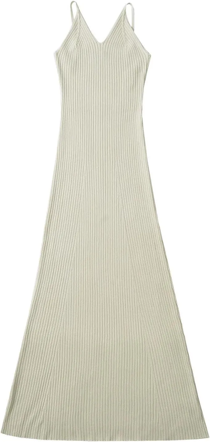 efvandoloe Women Rib Knitted Maxi Dress Camisole Sleeveless Elastic Slim Solid Color Dresses