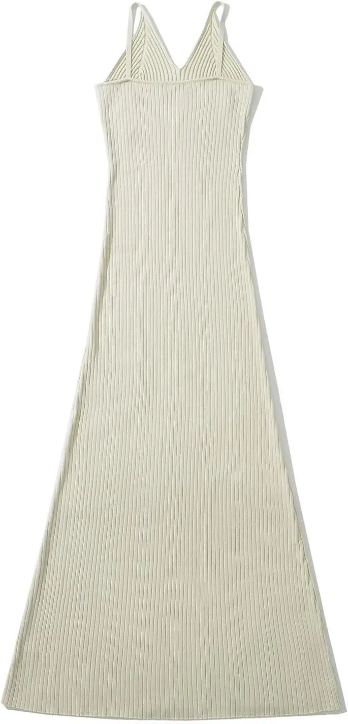 efvandoloe Women Rib Knitted Maxi Dress Camisole Sleeveless Elastic Slim Solid Color Dresses