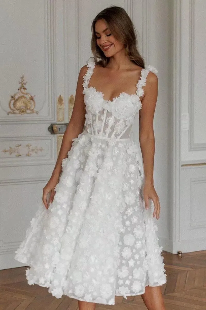 Eightale Tea Length Wedding Dress for Bride Midi Long Ruched Backless Boho Beach Bridal Shower Gowns for Women