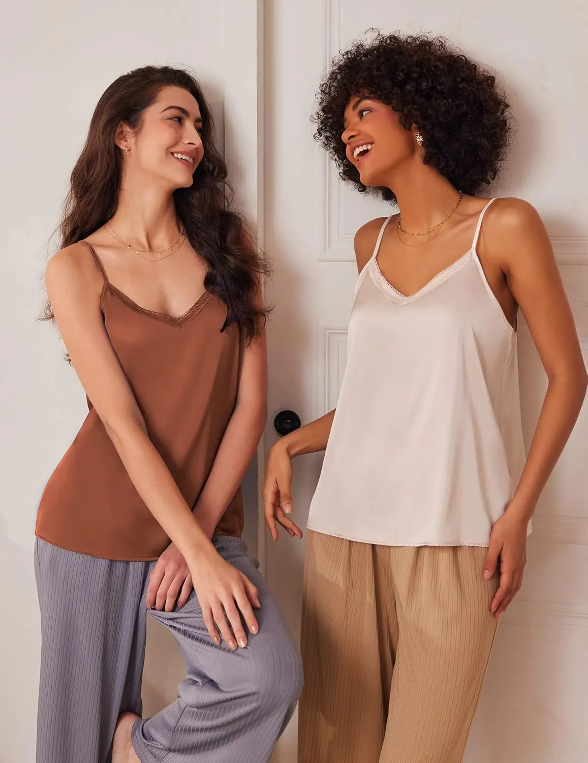 Ekouaer Women's Lace Silk Satin Pajama Tank Tops V Neck Camisole Soft Spaghetti Strap Tops Loose Sleepwear S-3XL