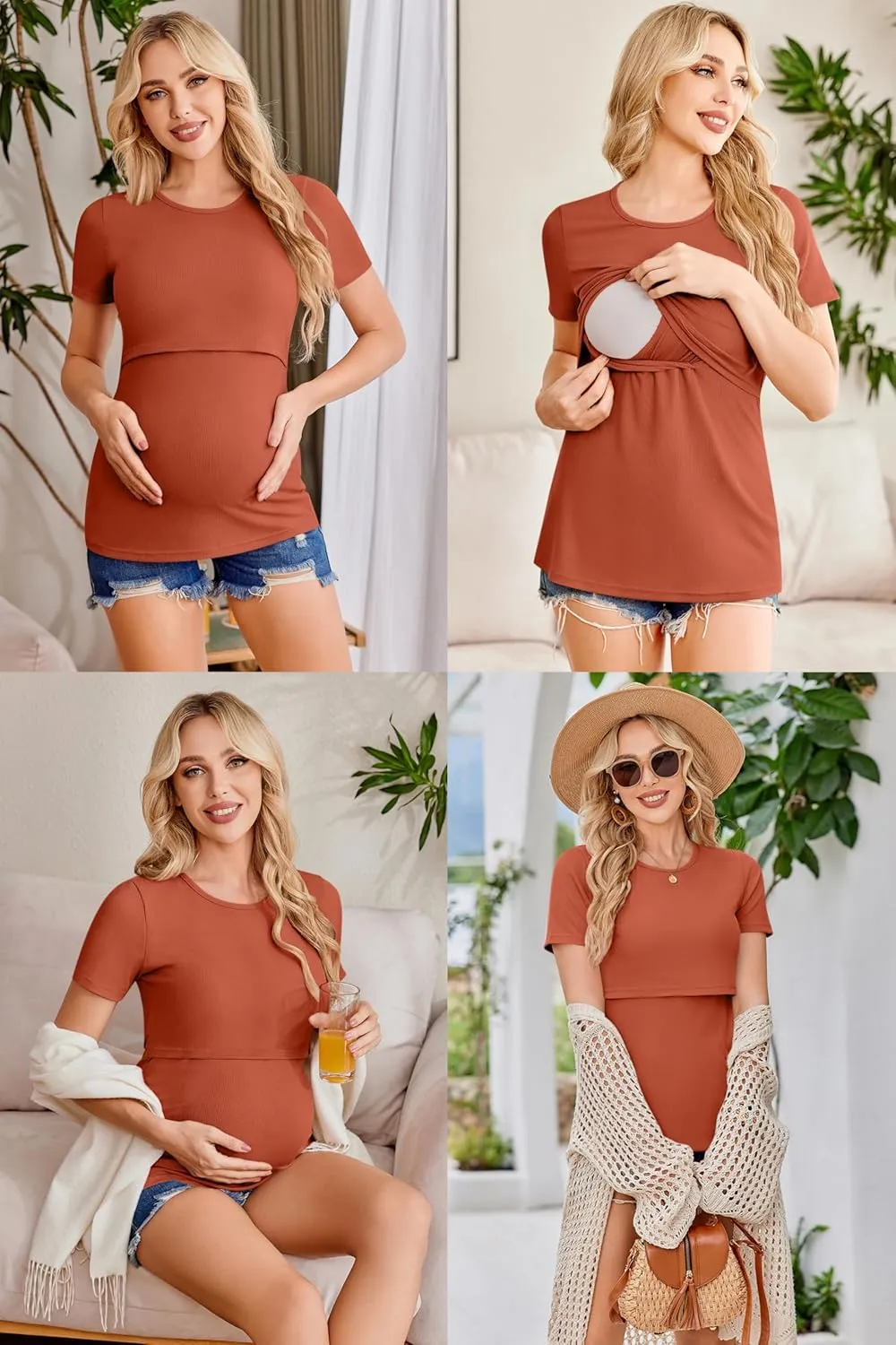 Ekouaer Womens Nursing Tops 3 Pack Short Sleeve Ribbed Breastfeeding Shirts Double Layer Maternity Shirt Pregnancy Clothes