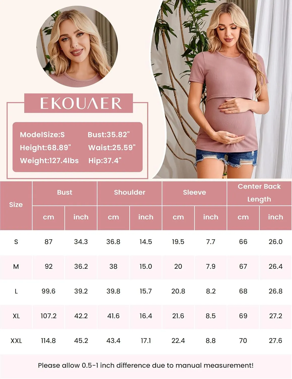 Ekouaer Womens Nursing Tops 3 Pack Short Sleeve Ribbed Breastfeeding Shirts Double Layer Maternity Shirt Pregnancy Clothes