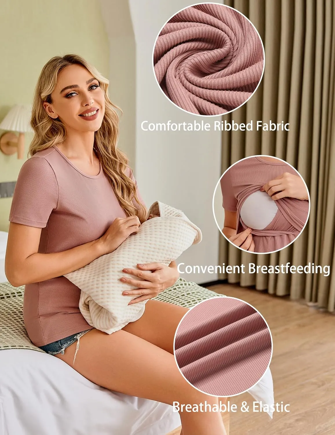 Ekouaer Womens Nursing Tops 3 Pack Short Sleeve Ribbed Breastfeeding Shirts Double Layer Maternity Shirt Pregnancy Clothes