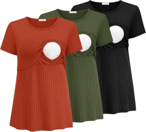 Ekouaer Womens Nursing Tops 3 Pack Short Sleeve Ribbed Breastfeeding Shirts Double Layer Maternity Shirt Pregnancy Clothes