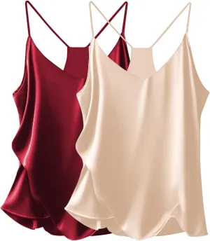 Ekouaer Womens Satin Cami Tops 2 Pack V Neck Silk Camisole Tank Top Spaghetti Strap Racerback Camis Blouse Shirt