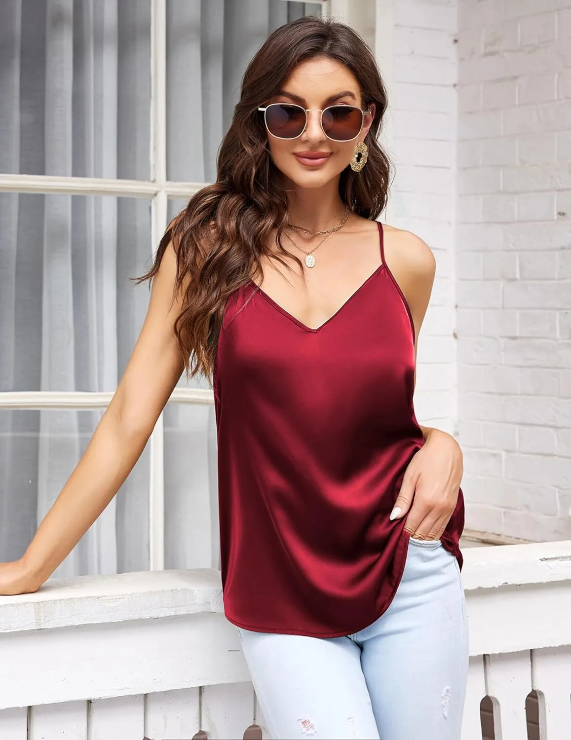 Ekouaer Womens Satin Cami Tops 2 Pack V Neck Silk Camisole Tank Top Spaghetti Strap Racerback Camis Blouse Shirt