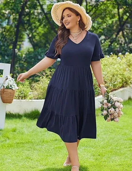 ELESOL Womens Plus Size Short Sleeve Dress Summer Midi Dresses