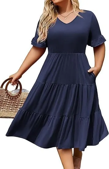 ELESOL Womens Plus Size Short Sleeve Dress Summer Midi Dresses