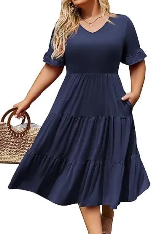 ELESOL Womens Plus Size Short Sleeve Dress Summer Midi Dresses