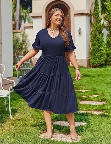 ELESOL Womens Plus Size Short Sleeve Dress Summer Midi Dresses