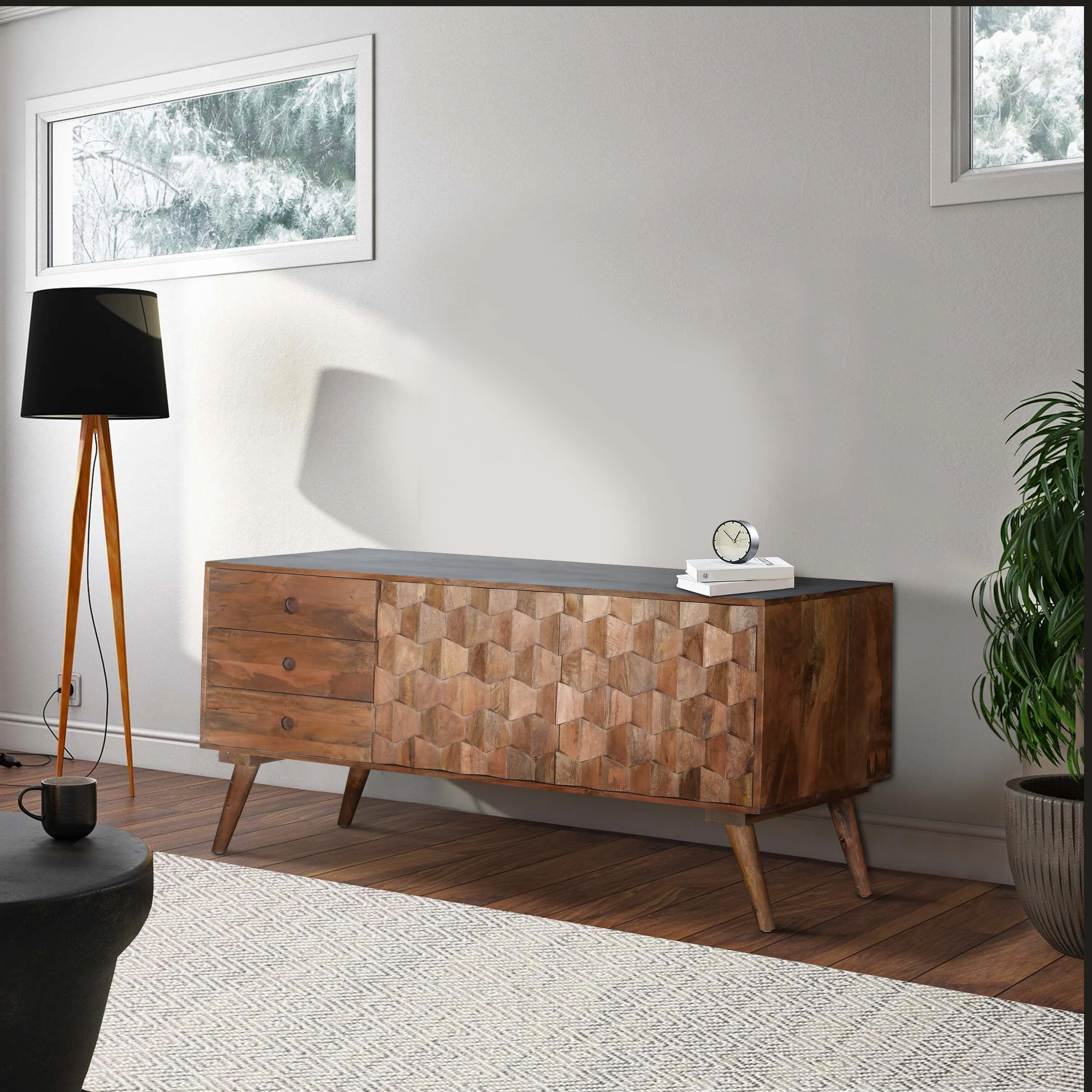 Ero 55 Inch Sideboard Buffet Cabinet, 2 Honeycomb Inlaid Doors, Mango Wood, Natural Brown By The Urban Port