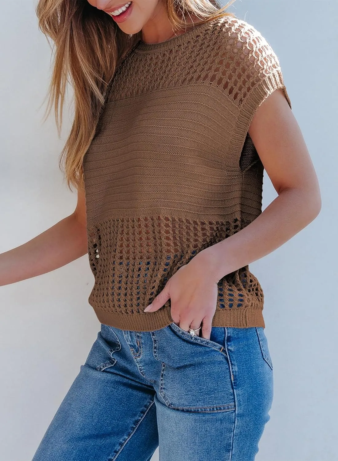 EVALESS Womens Tops Casual Summer Cap Short Sleeve Crochet Hollow Out Knit Sweater Vest Pullover T-Shirts Beach Coverup