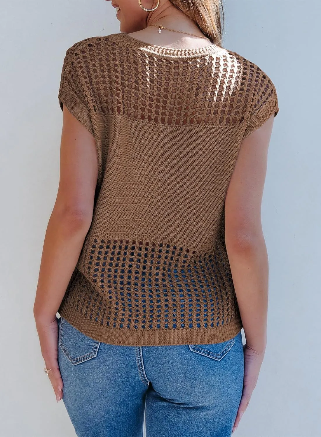 EVALESS Womens Tops Casual Summer Cap Short Sleeve Crochet Hollow Out Knit Sweater Vest Pullover T-Shirts Beach Coverup