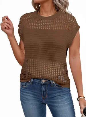 EVALESS Womens Tops Casual Summer Cap Short Sleeve Crochet Hollow Out Knit Sweater Vest Pullover T-Shirts Beach Coverup