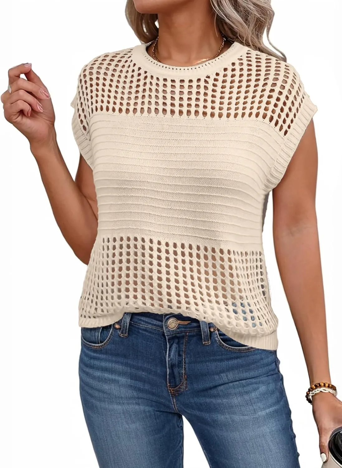 EVALESS Womens Tops Casual Summer Cap Short Sleeve Crochet Hollow Out Knit Sweater Vest Pullover T-Shirts Beach Coverup