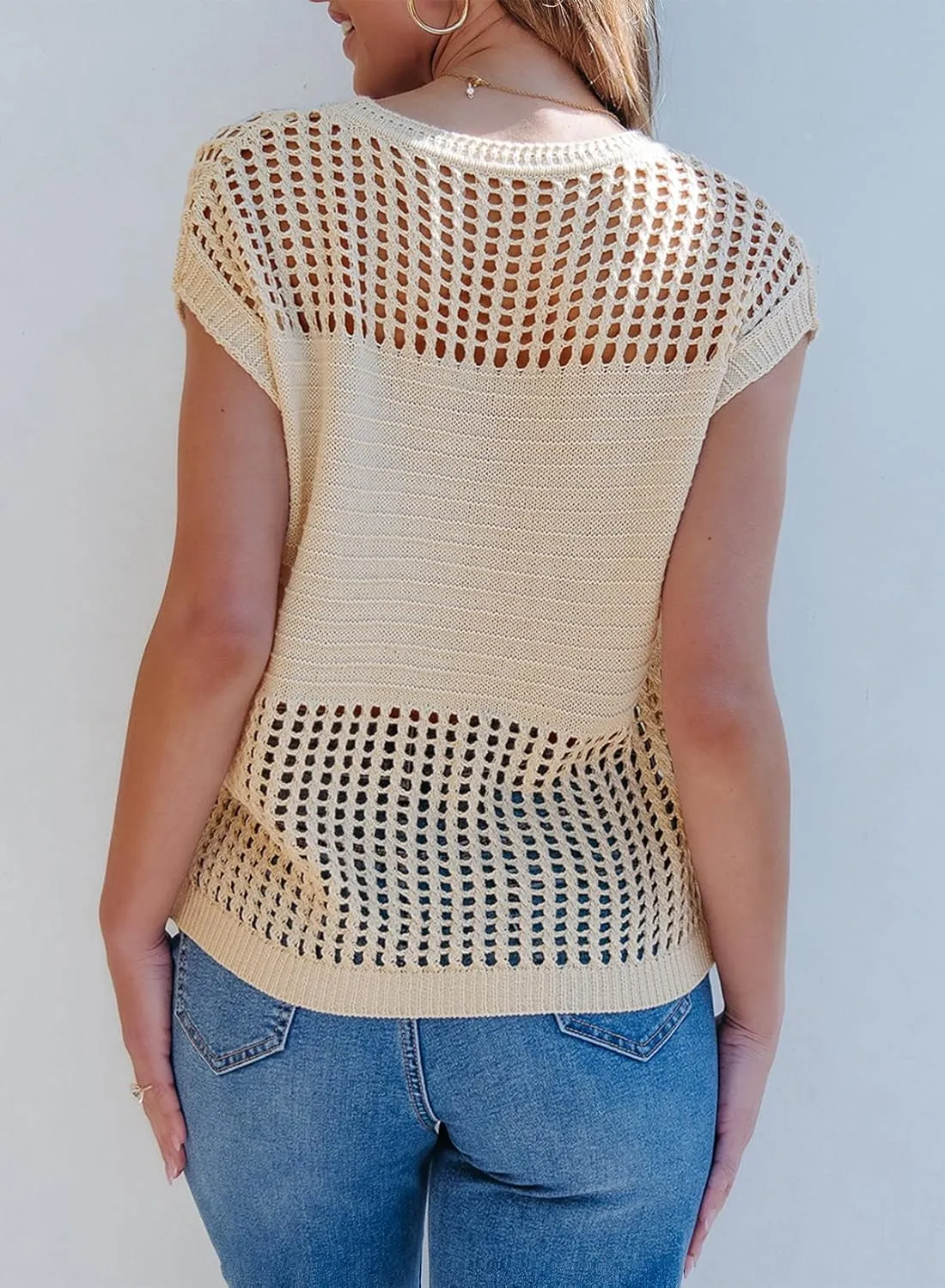 EVALESS Womens Tops Casual Summer Cap Short Sleeve Crochet Hollow Out Knit Sweater Vest Pullover T-Shirts Beach Coverup